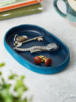 Handcrafted leather valet trays in a rich tone navy,  perfect for organising keys, jewellery, and everyday essentials. Stylish and practical home accessories