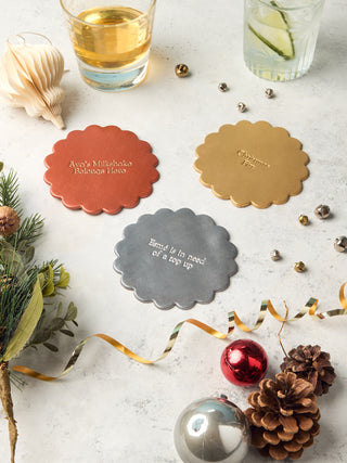 Metallic Scalloped Personalised Leather Coasters.