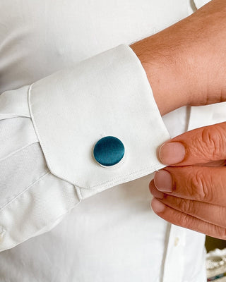 Luxury blue silk dupion cufflinks with a high-quality metal base, ideal for weddings, groomsmen, and special occasions. The perfect finishing touch for any formal outfit