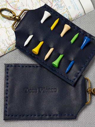 Handmade navy leather golf tee holder with brass clip, featuring personalised white text. Holds up to six wooden golf tees—perfect golf gift for him, dad, or grandpa