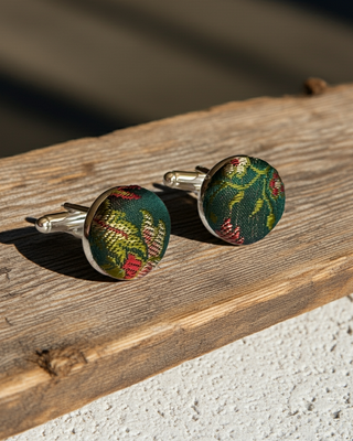 Floral Green Silk covered cufflinks
