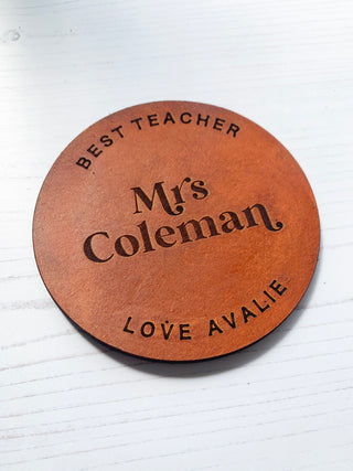 Tan leather coaster gift for teacher