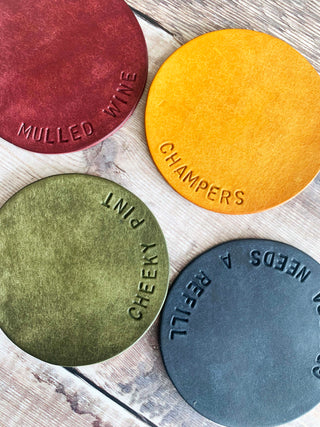 Handstamped leather coasters
