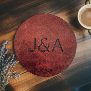 Block font laser engraved leather coasters, perfect anniversary gift.