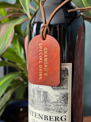 Hand Dyed Leather Bottle Tag - Personalised gifts for the home - gifts for the bar - little extra gifts - Father’s Day gifts