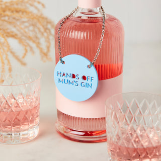 Pale blue everlasting bottle tag, hands off mum's gin.