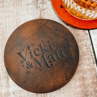 Chocolate brown wedding anniversary leather coaster
