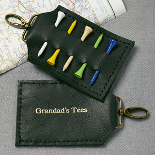 Luxury dark green leather golf tee holder with space for five wooden tees, personalised with gold embossed text. A perfect gift for golf lovers, grandads, and golf enthusiasts