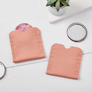 Leather pocket mirror case, pink, mint or grey.