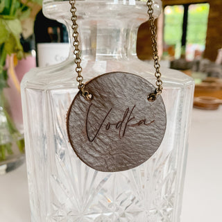 Engraved Leather bottle tag, bottle necklace for whisky