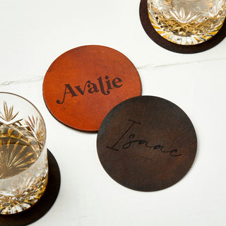 Personalised engraved leather coaster - wedding favour, dinner party place setting.