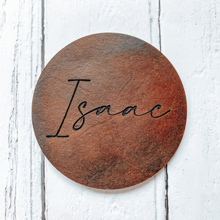 Personalised engraved leather coaster - wedding favour, dinner party place setting.