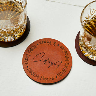Third Anniversary Leather Coaster with Personalised Initials in a script font
