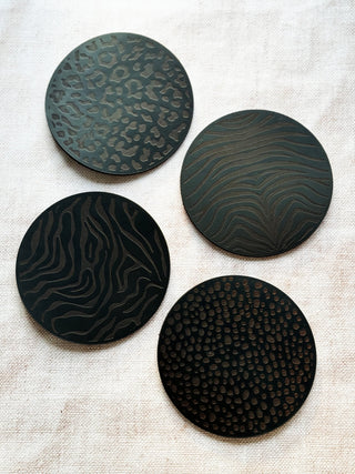 One Black Animal Print Leather Coasters, Leather Anniversary gift.