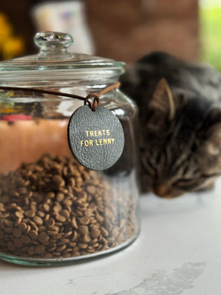 Round Personalised Leather Treat Jar Label For Your Pet, Pet Reward Label.