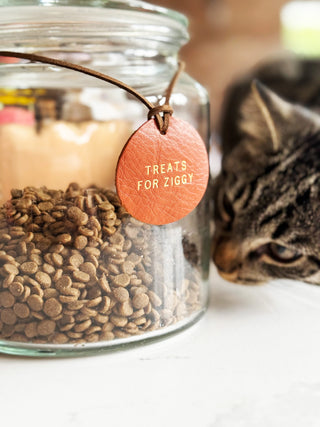 Round Personalised Leather Treat Jar Label For Your Pet, Pet Reward Label.