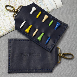 Embossed lettering effect for a subtle personalisation Luxury navy leather golf tee holder with space for five wooden tees, personalised with blind embossed text. A perfect gift for golf lovers, grandads, and golf enthusiasts