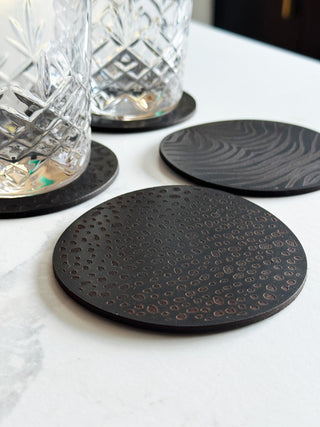 One Black Animal Print Leather Coasters, Leather Anniversary gift.