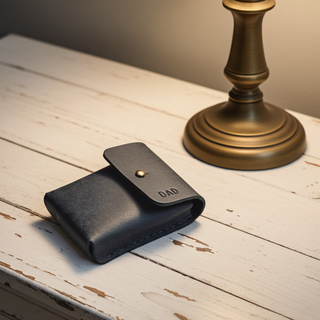 Blue leather wallet with 'DAD' engraving on a wooden surface with a brass lamp in the background.