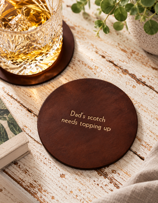 Personalised Hand-Dyed Leather Coasters – Handmade Gifts for Him & Her