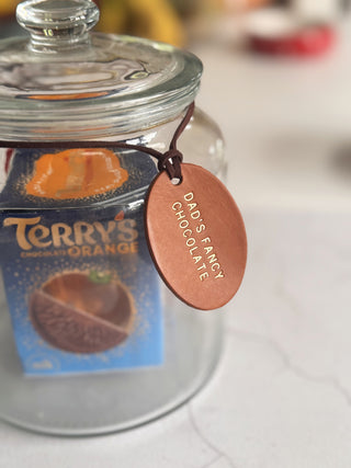 Personalised Oval Leather Chocolate Jar Label