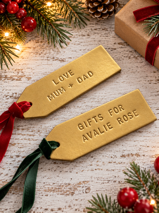 Gold Personalised Hand Stamped Christmas Leather Label for Sack or Stocking