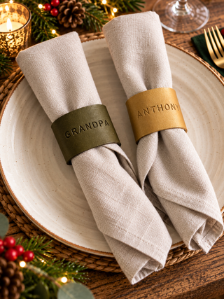 Luxury Christmas Personalised Hand Stamped Leather Napkin Rings