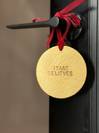 Christmas 'I Believe' Children's Leather Door Hanger.