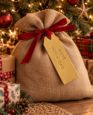 Gold Personalised Hand Stamped Christmas Leather Label for Sack or Stocking