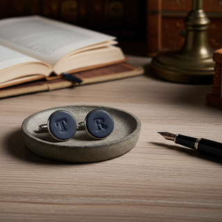 Cufflinks on a wooden dish with an open book and fountain pen in the background