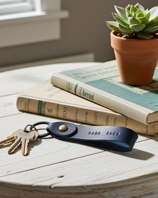 Keychain with keys on a table with books and a potted plant