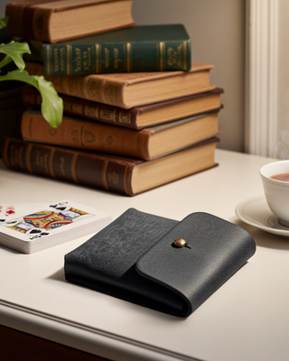 Navy leather deck of cards holder on a table with books, a plant, and a cup of tea in the background.