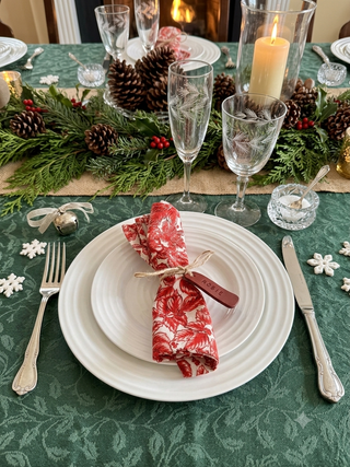A festive holiday table setting featuring a green damask tablecloth, white plates, silver flatware, a red and white patterned napkin tied with twine, and a decorative pine cone and evergreen garland centerpiece.