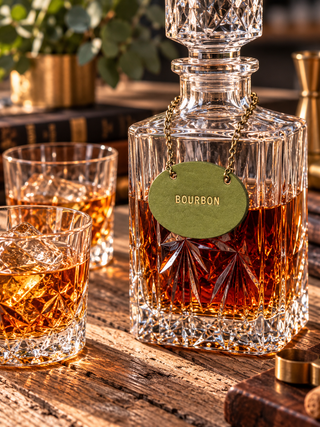 A clear cut-crystal whiskey decanter filled with amber bourbon, shown on a rustic wooden surface with two matching crystal glasses. A round green hanging tag on the decanter reads BOURBON.