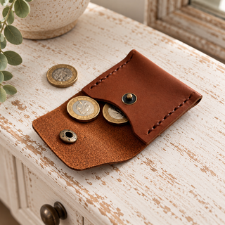 A small brown leather coin pouch with metal snap closures, shown open on a distressed white wooden surface with coins inside. A ceramic pot and greenery are partially visible in the background.