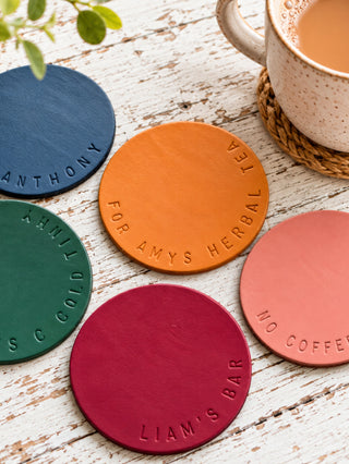 Hand stamped Personalised Circle Leather Coaster