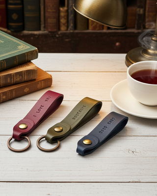 Three leather keychains on a wooden table with a cup of tea and books in the background.