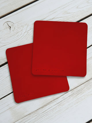 Mini Message Personalised Square Leather Valentines Coaster.