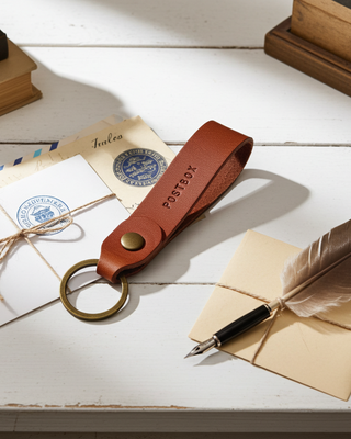 Tan leather keychain with gold ring on a white surface with envelopes and a feather pen.