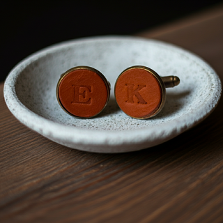 Pair of Tan Leather cufflinks with 'E' and 'K' on a white dish