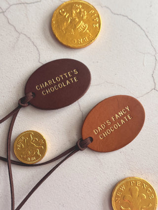 Personalised Oval Leather Chocolate Jar Label