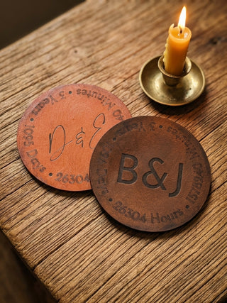 Third Anniversary Leather Coaster with Personalised Initials.