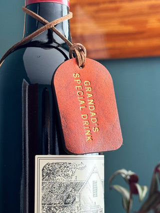 Hand Dyed Leather Bottle Tag - Personalised gifts for the home - gifts for the bar - little extra gifts - Father’s Day gifts