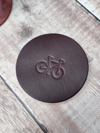 Gift for Cyclists, leather coaster with bicycle. Perfect Father's Day gift and cycling for Grandpa.