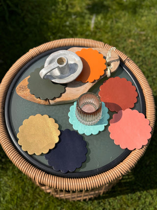 Scalloped Painted Leather Coasters, Perfect Gift for the Home