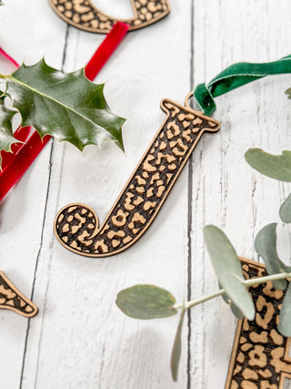 Monogram Leopard Print Detailed Wooden Christmas Decoration, Tree Ornament.