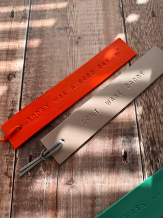 orange and putty leather personalised bookmark