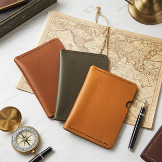 Three leather passport holders on a world map with a compass and pen.