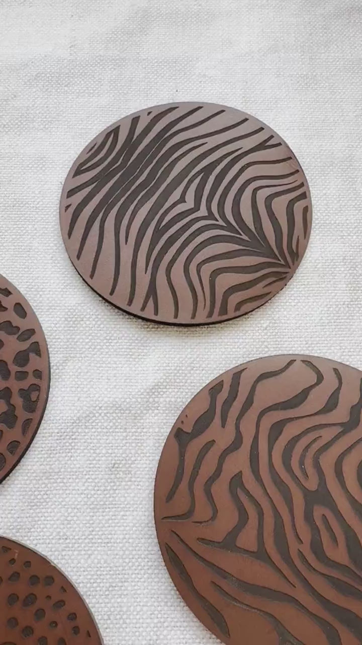 Set of 4 Black Animal Print Leather Coasters, Leather Anniversary gift.