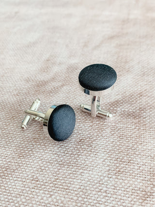 Luxury grey silk dupion cufflinks with a high-quality metal base, ideal for weddings, groomsmen, and special occasions. The perfect finishing touch for any formal outfit